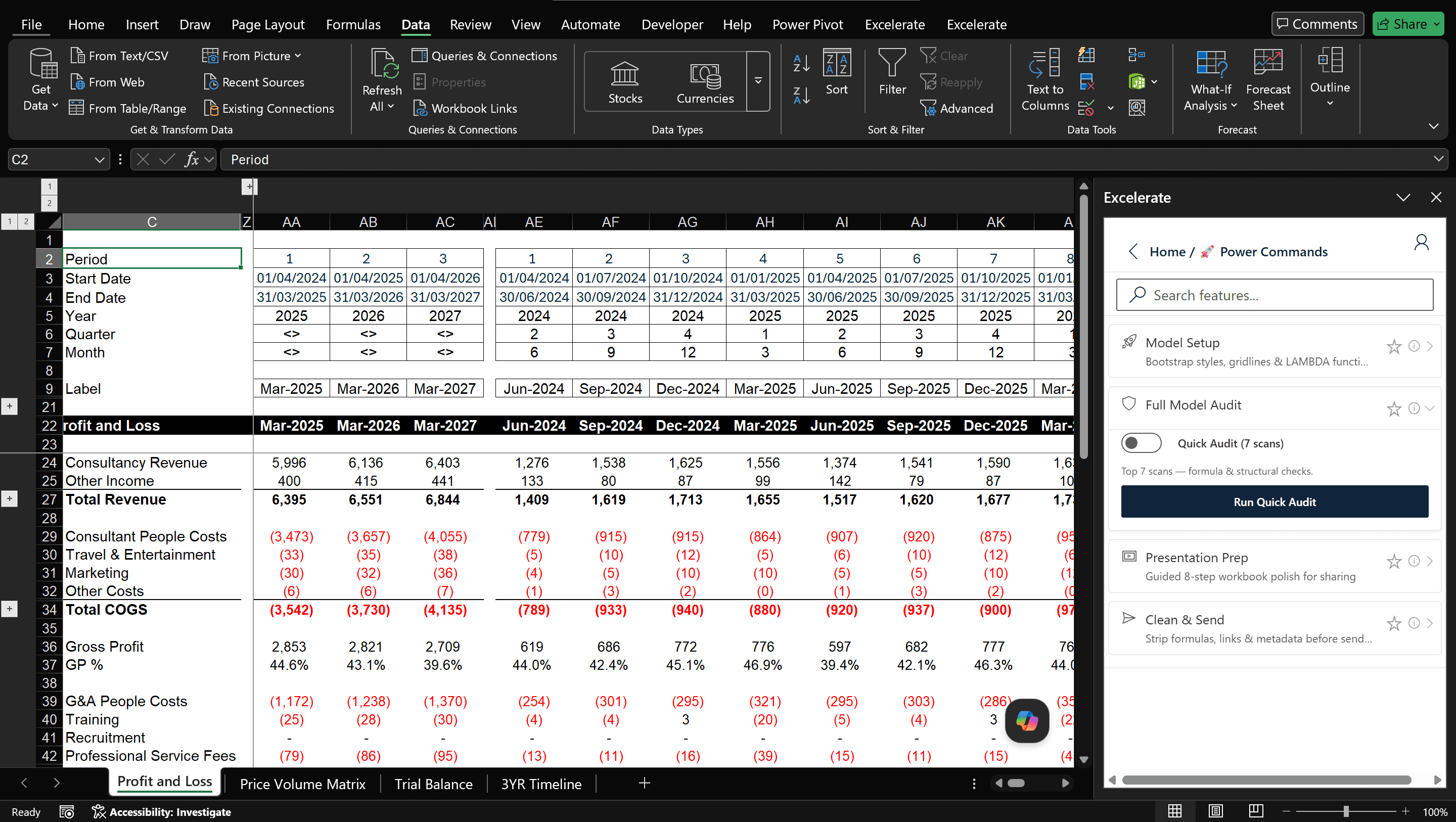 Full Model Audit inbox after a Deep Audit run, grouped by severity (Critical, Warning, Info) with one-click fix actions for each finding and progress indicators for fixes already applied.